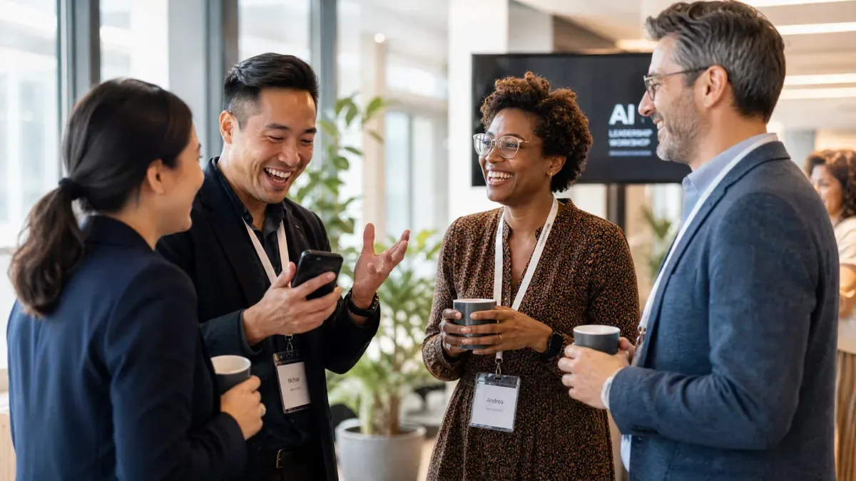 Masterclass participants discussing AI strategy during a break