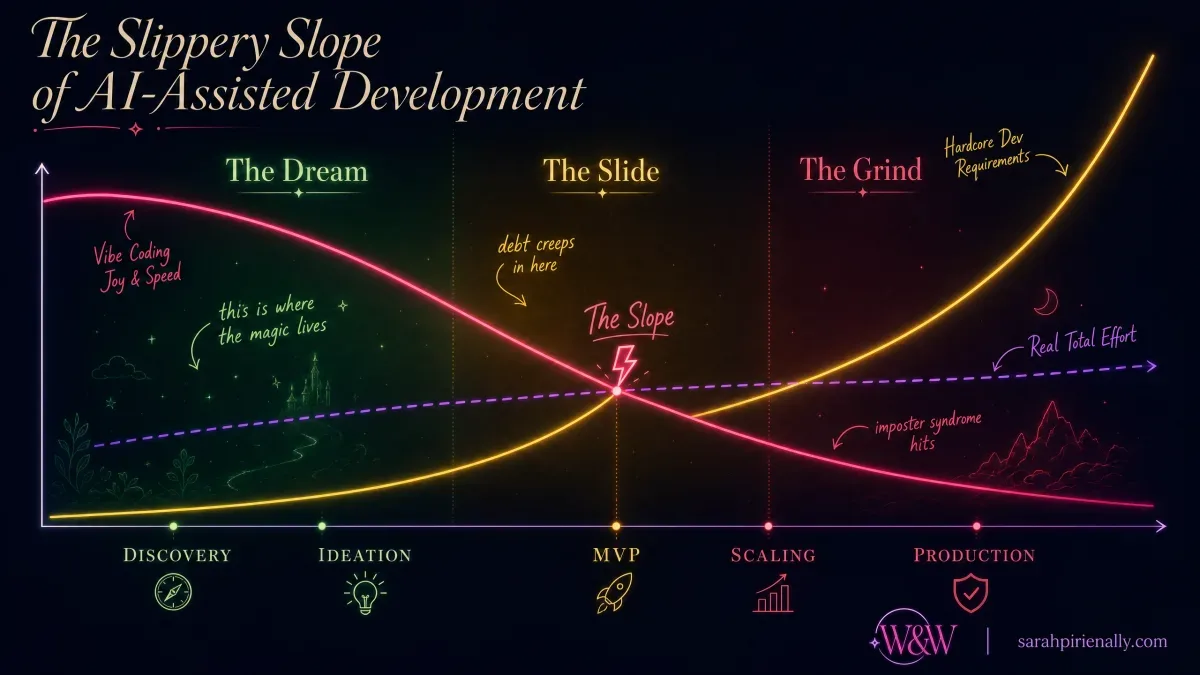 The Slippery Slope of AI-Assisted Development — a diagram showing how vibe coding joy drops as hardcore dev requirements rise across the PDLC