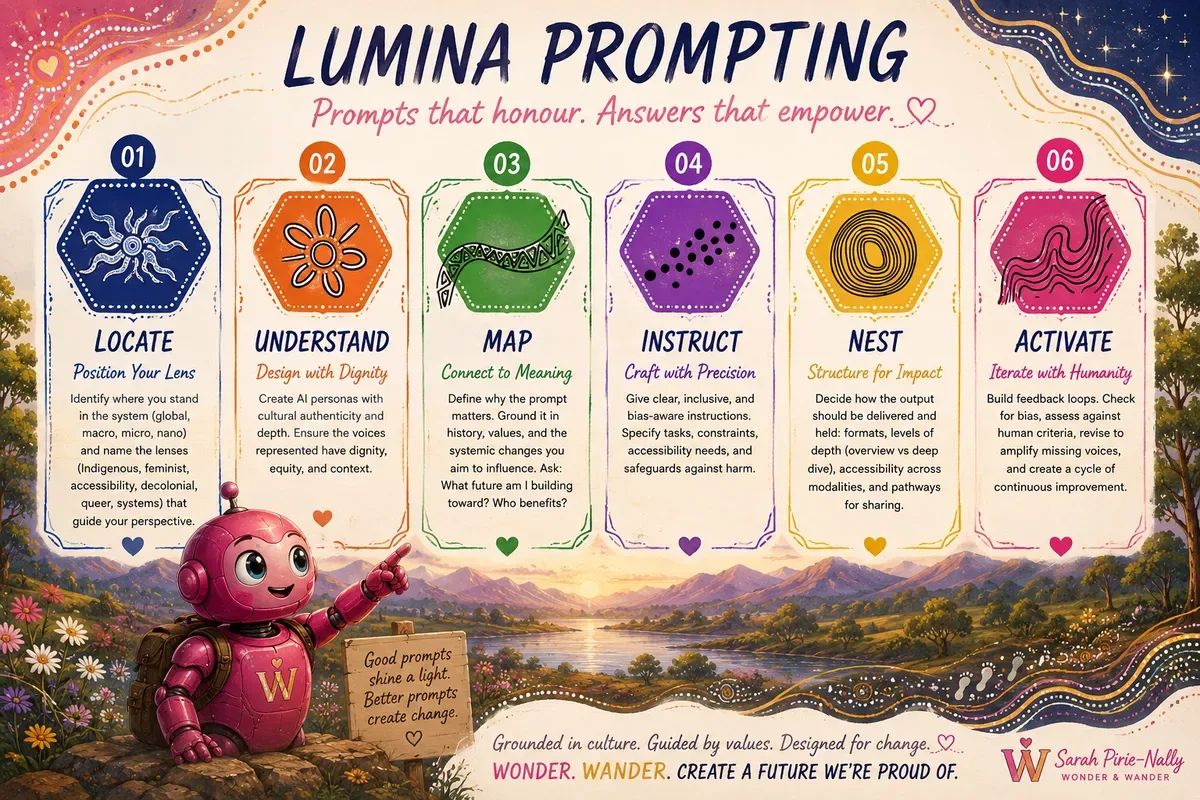 LUMINA Prompting framework — Locate, Understand, Map, Instruct, Nest, Activate — prompts that honour, answers that empower