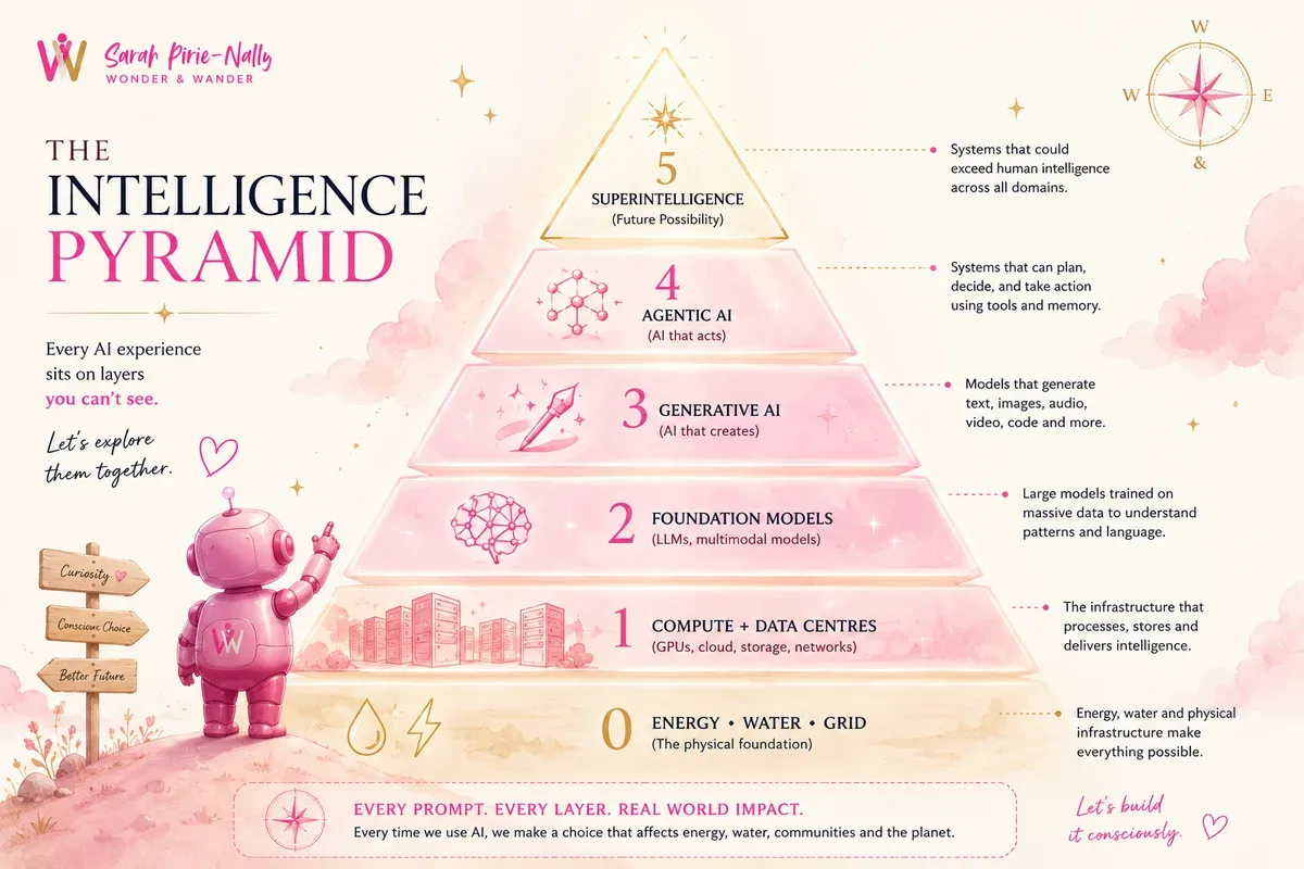 The Intelligence Pyramid — layers from Energy, Water & Grid up through Compute, Foundation Models, Generative AI, Agentic AI, to Superintelligence