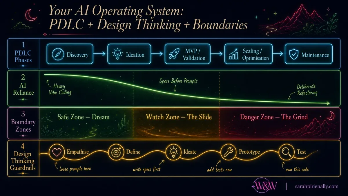 Your AI Operating System — PDLC + Design Thinking + Boundaries framework diagram