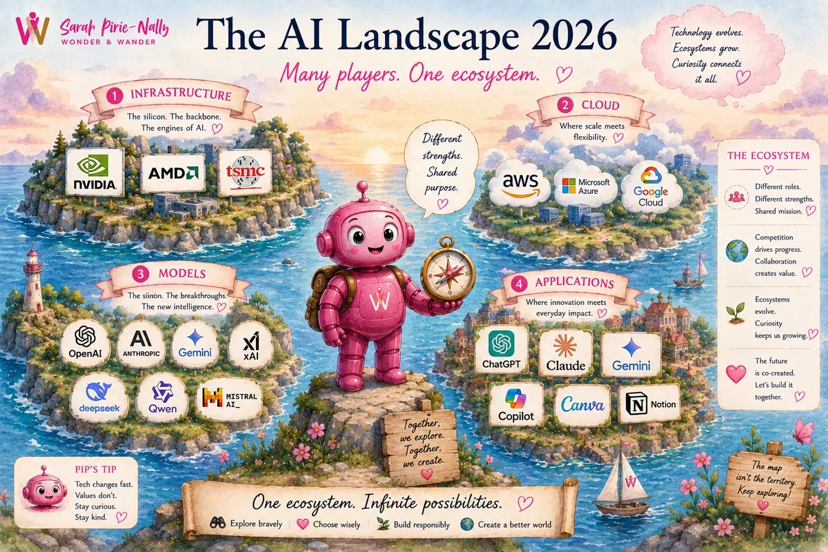 The AI Landscape 2026 — Infrastructure, Cloud, Models, and Applications ecosystem overview with Pip